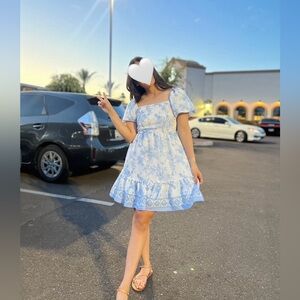 Blu Pepper Ruffled Floral Skater Dress with Puffy Sleeves